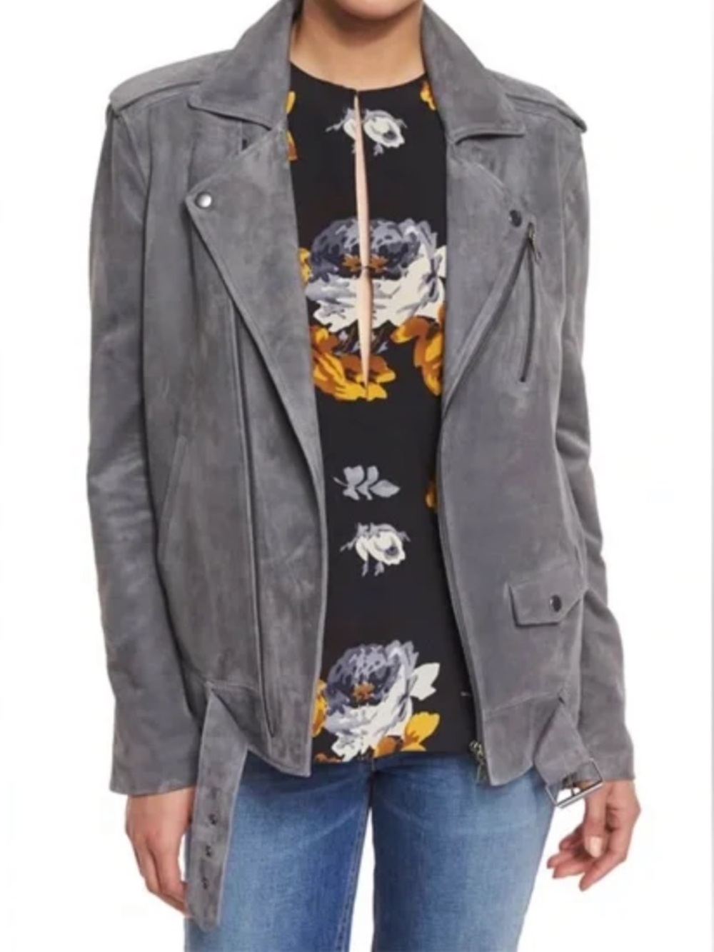 Theory Womens Gray Suede Moto Jacket